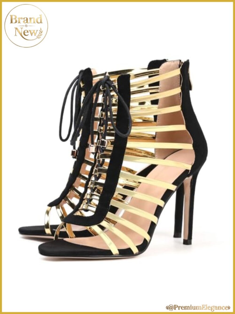Women's Gold Cage Stiletto Heels Lace Up Strappy Party Dress Shoes
